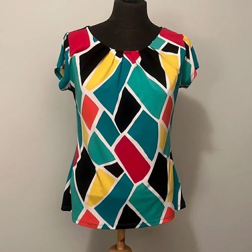 Women's Multicolor Short Sleeve Pleated Top